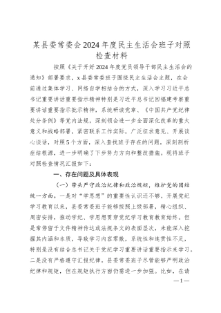 某县委常委会2024年度民主生活会班子对照检查材料.docx