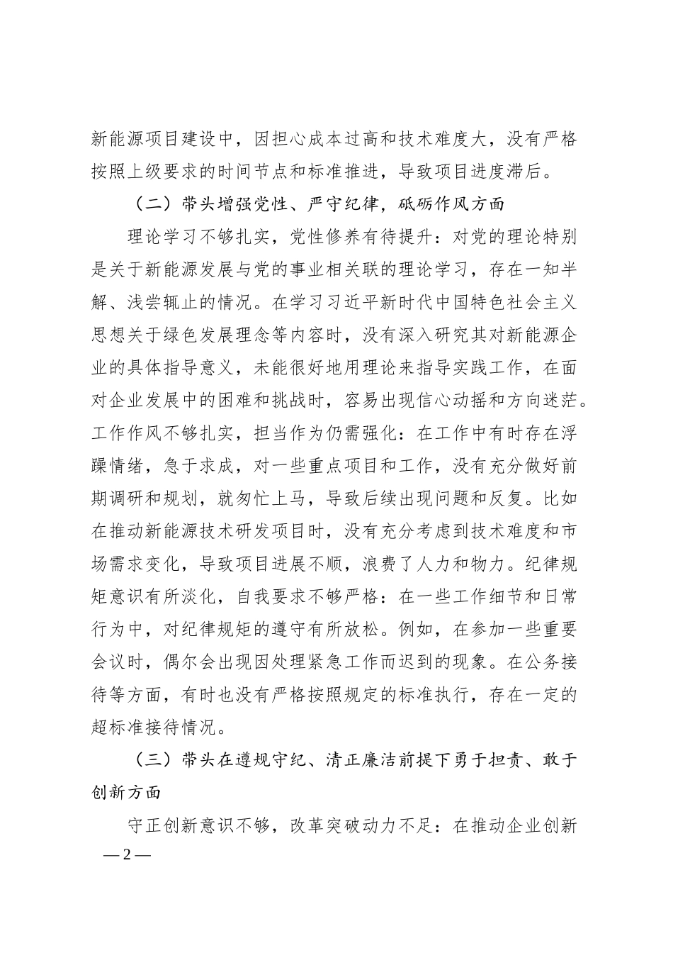 某新能源国企2024年度民主生活会对照检查材料（四个带头）.docx_第2页