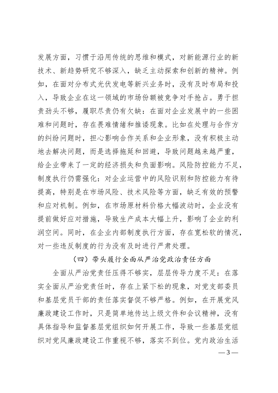 某新能源国企2024年度民主生活会对照检查材料（四个带头）.docx_第3页