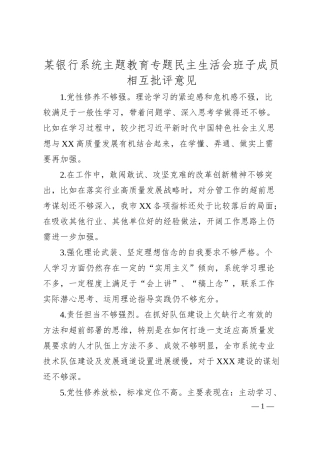 某银行系统主题教育专题民主生活会班子成员相互批评意见.docx