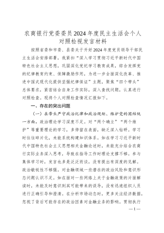 农商银行党委委员2024年度民主生活会个人对照检视发言材料.docx