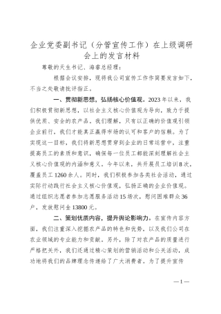 企业党委副书记（分管宣传工作）在上级调研会上的发言材料.docx