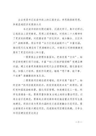 企业党委书记在读书班上的汇报发言：学思践悟新思想，争做县域经济发展排头兵.docx