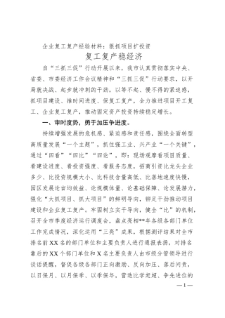 企业复工复产经验材料：狠抓项目扩投资复工复产稳经济.docx