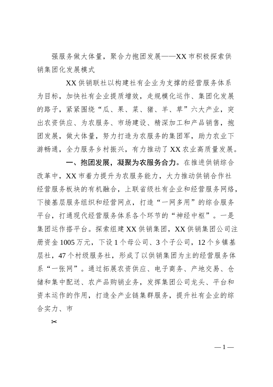 强服务做大体量，聚合力抱团发展——XX市积极探索供销集团化发展模式.docx_第1页