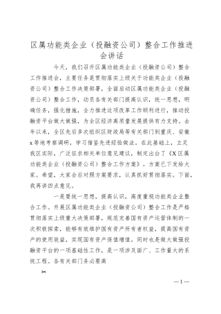 区属功能类企业（投融资公司）整合工作推进会讲话.docx