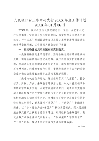人民银行安庆市中心支行20XX年度工作计划.docx