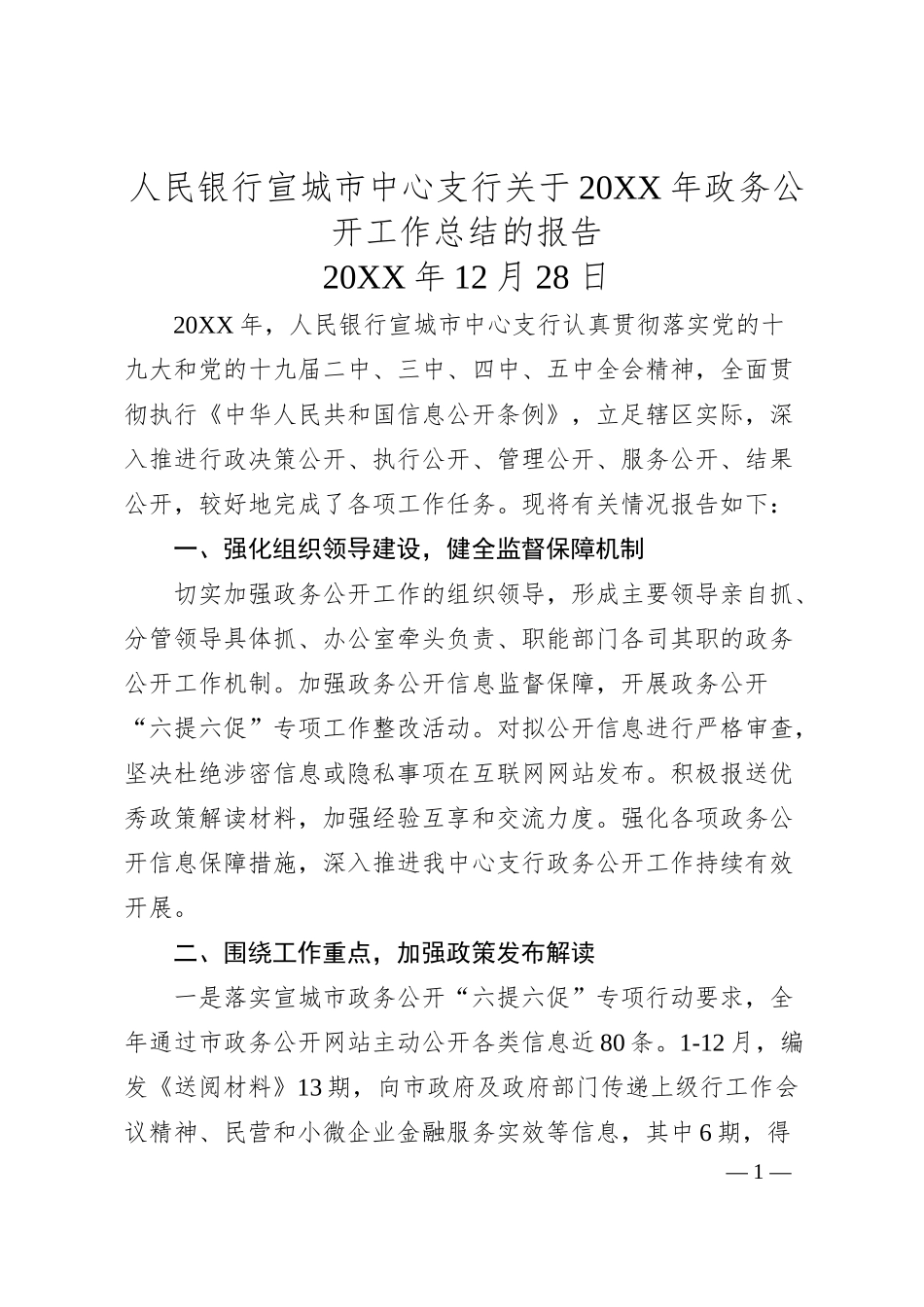 人民银行宣城市中心支行关于20XX年政务公开工作总结的报告.docx_第1页