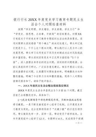 银行行长20XX年度党史学习教育专题民主生活会个人对照检查材料.docx