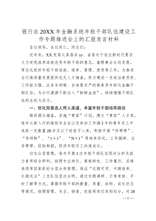 银行在20XX年金融系统年轻干部队伍建设工作专题推进会上的汇报发言材料（20XX.06）.docx