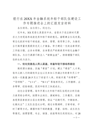 银行在20XX年金融系统年轻干部队伍建设工作专题推进会上的汇报发言材料.docx