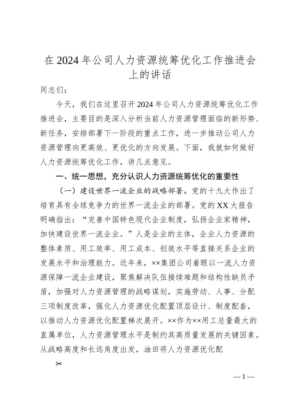 在2024年公司人力资源统筹优化工作推进会上的讲话.docx_第1页