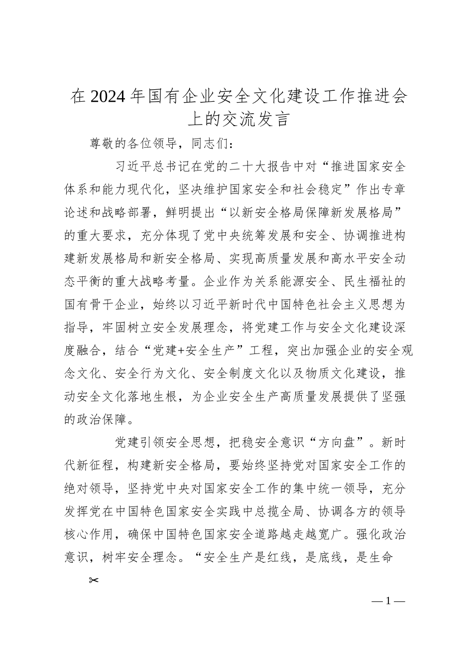 在2024年国有企业安全文化建设工作推进会上的交流发言.docx_第1页