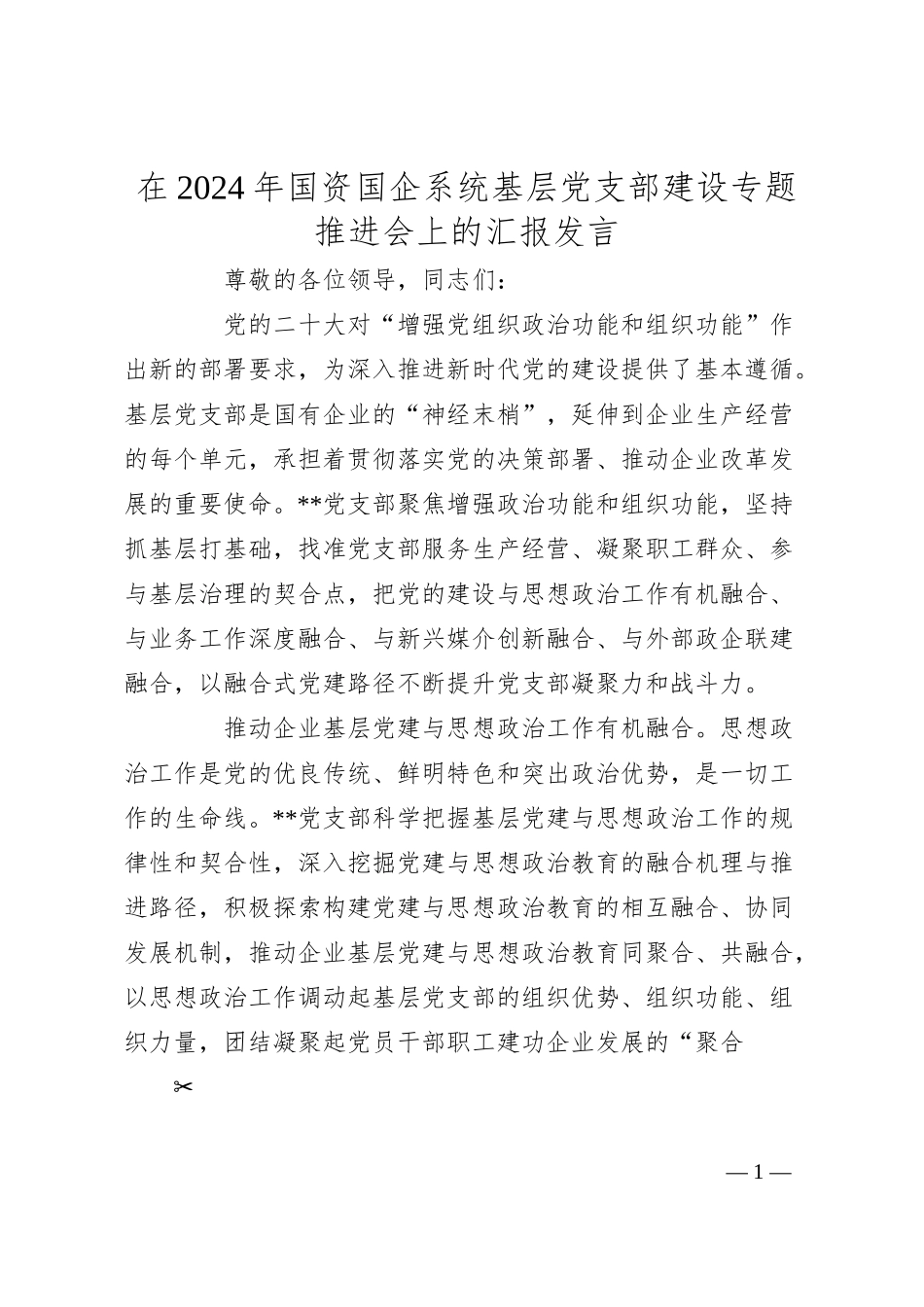 在2024年国资国企系统基层党支部建设专题推进会上的汇报发言.docx_第1页