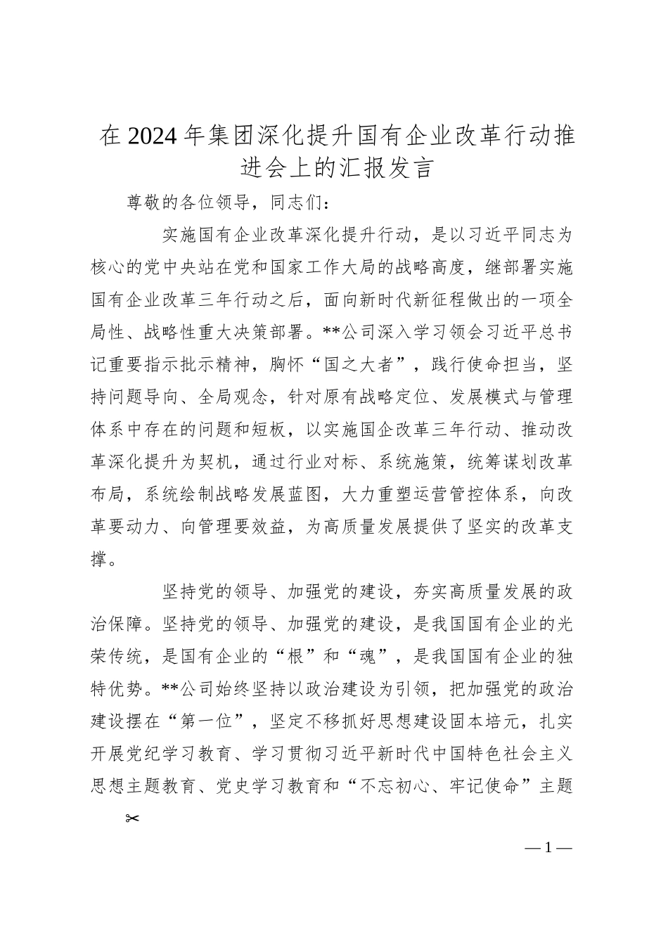 在2024年集团深化提升国有企业改革行动推进会上的汇报发言.docx_第1页