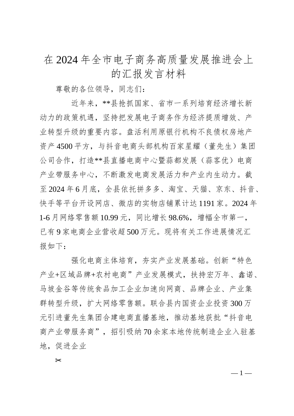 在2024年全市电子商务高质量发展推进会上的汇报发言材料.docx_第1页
