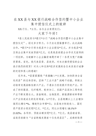 在XX县与XX银行战略合作签约暨中小企业集中授信仪式上的致辞.docx