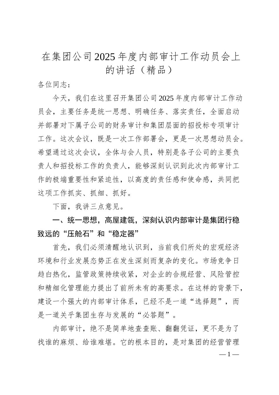 在集团公司2025年度内部审计工作动员会上的讲话（精品）.docx_第1页