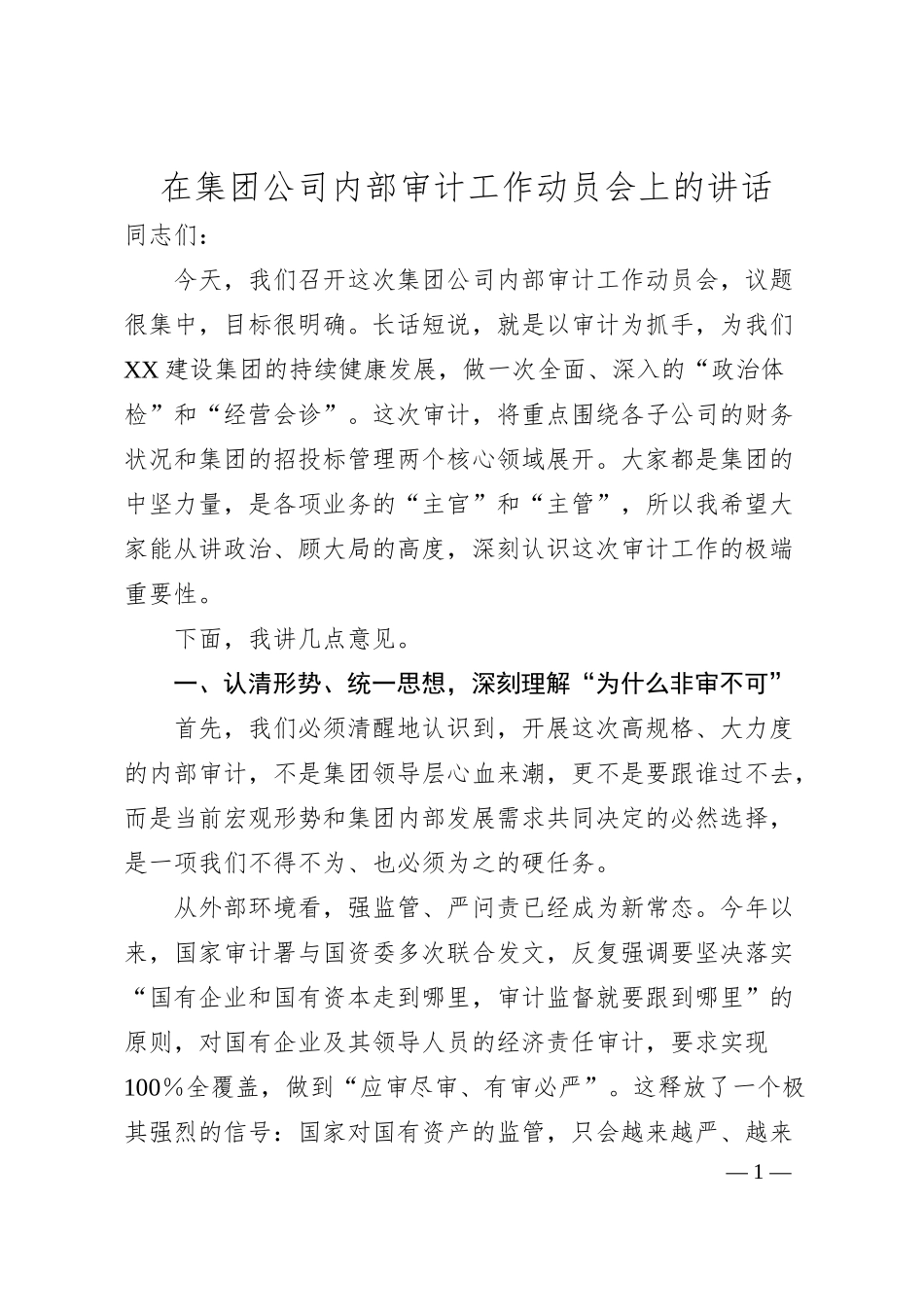 在集团公司内部审计工作动员会上的讲话.docx_第1页