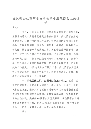 在民营企业高质量发展领导小组座谈会上的讲话.docx