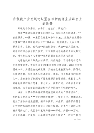 在氢能产业发展论坛暨全球新能源企业峰会上的致辞.docx