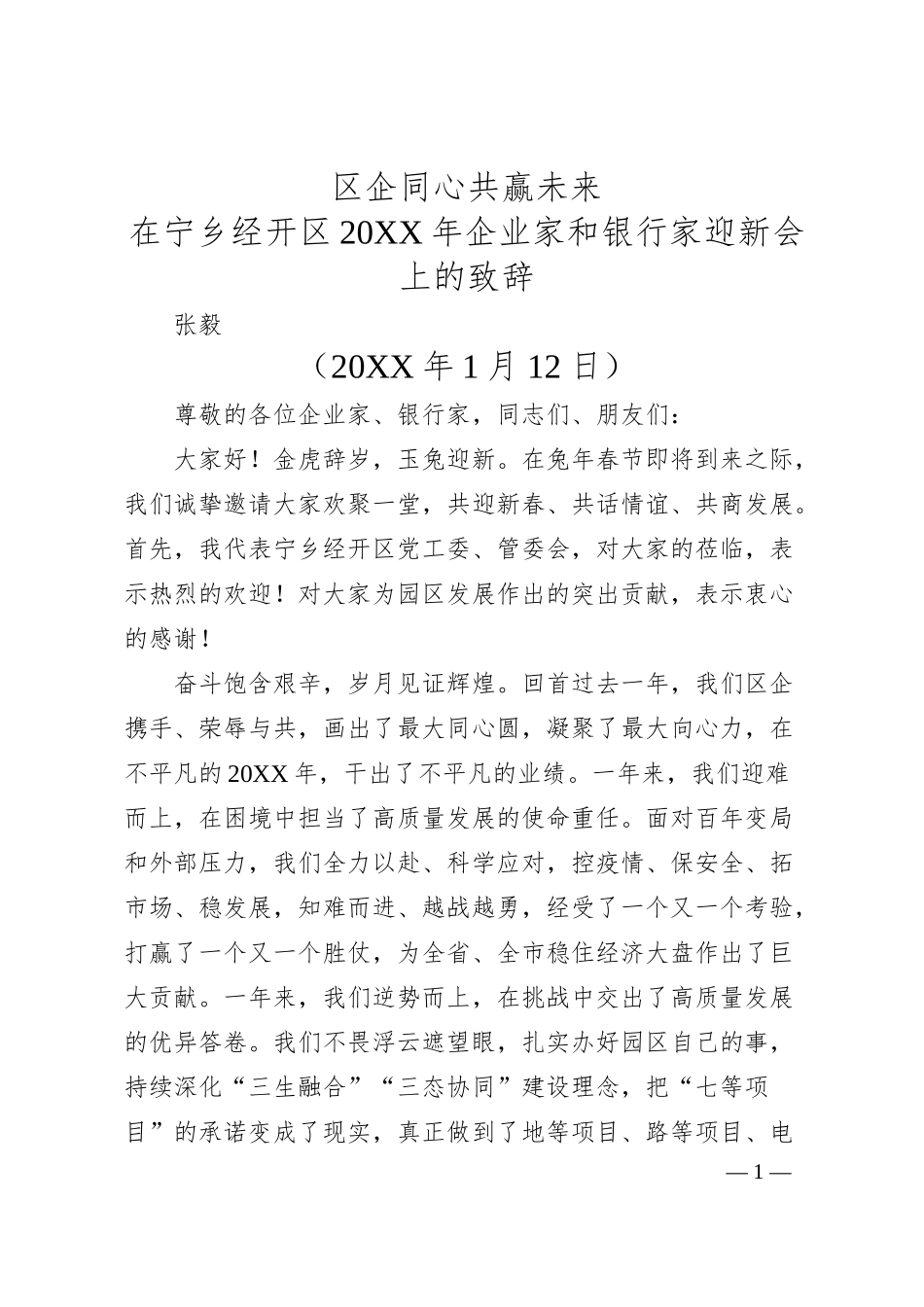 张毅：在宁乡经开区20XX年企业家和银行家迎新会上的致辞.docx_第1页