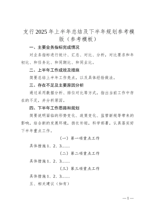 支行2025年上半年总结及下半年规划参考模版（参考模板）.docx