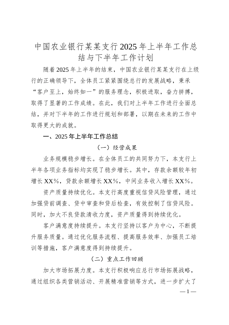 中国农业银行某某支行2025年上半年工作总结与下半年工作计划.docx_第1页