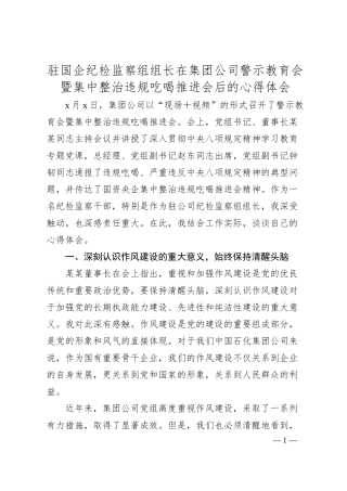 驻国企纪检监察组组长在集团公司警示教育会暨集中整治违规吃喝推进会后的心得体会.docx