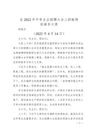 驻南非大使陈晓东：在20XX年中资企业招聘大会上的致辞.docx