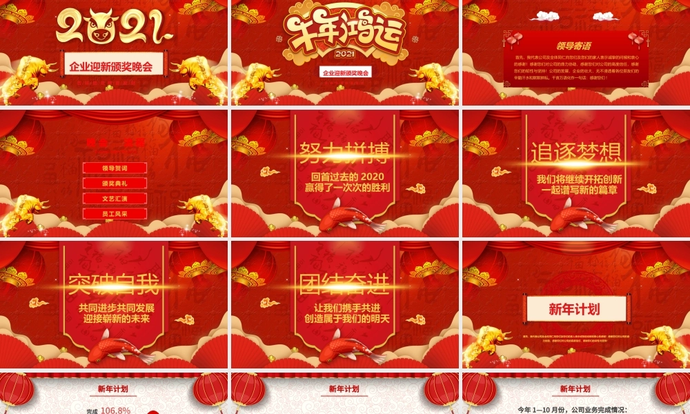 中国风牛年喜庆灯笼2021企业迎新晚会员工颁奖典礼PPT模板.pptx