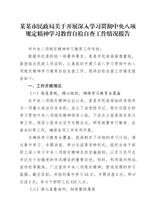 某某市民政局关于开展深入学习贯彻中央八项规定精神学习教育自检自查工作情况报告.docx