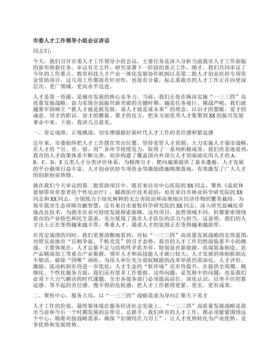 【团队精品】市委人才工作领导小组会议讲话.docx_第1页