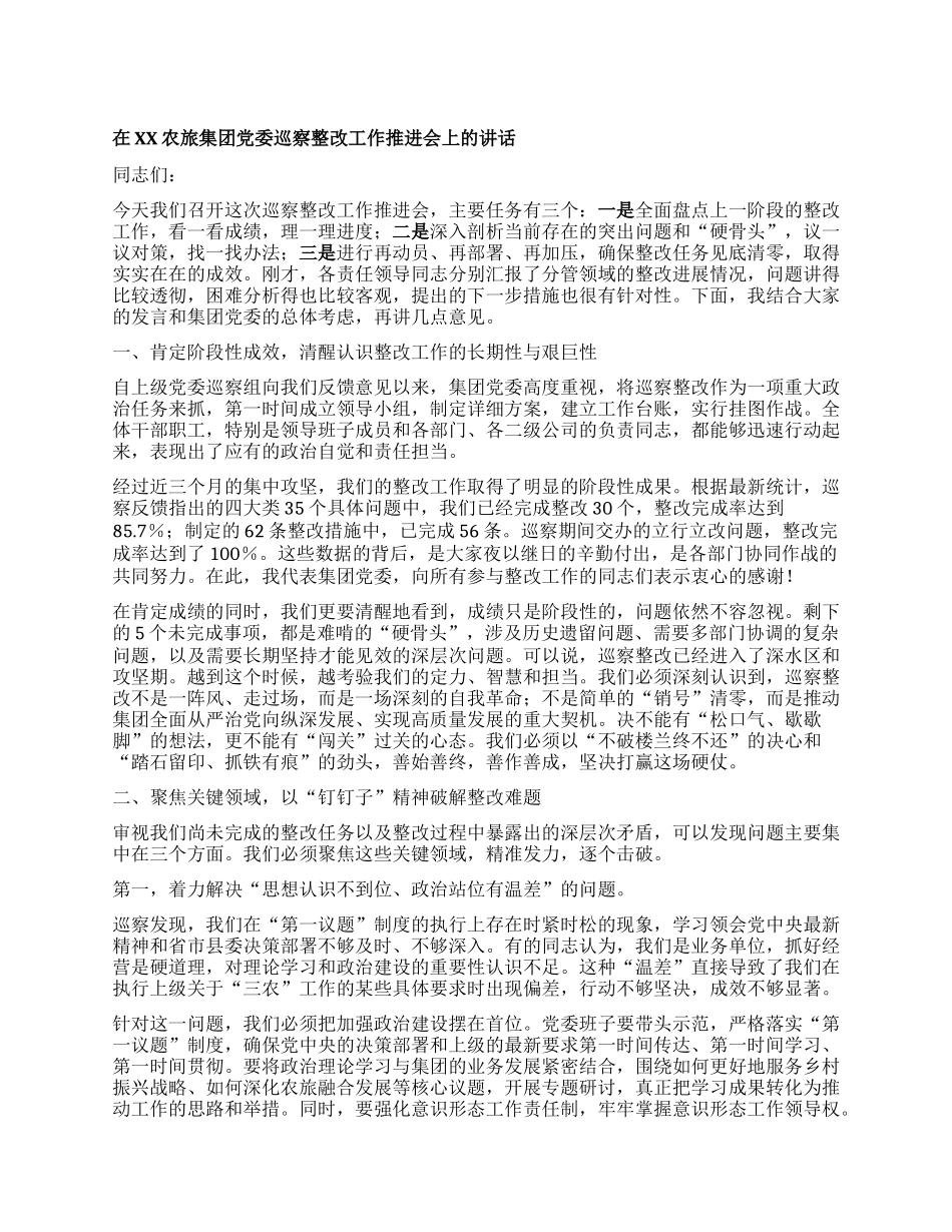 【团队精品】在XX农旅集团X委巡察整改工作推进会上的讲话.docx_第1页