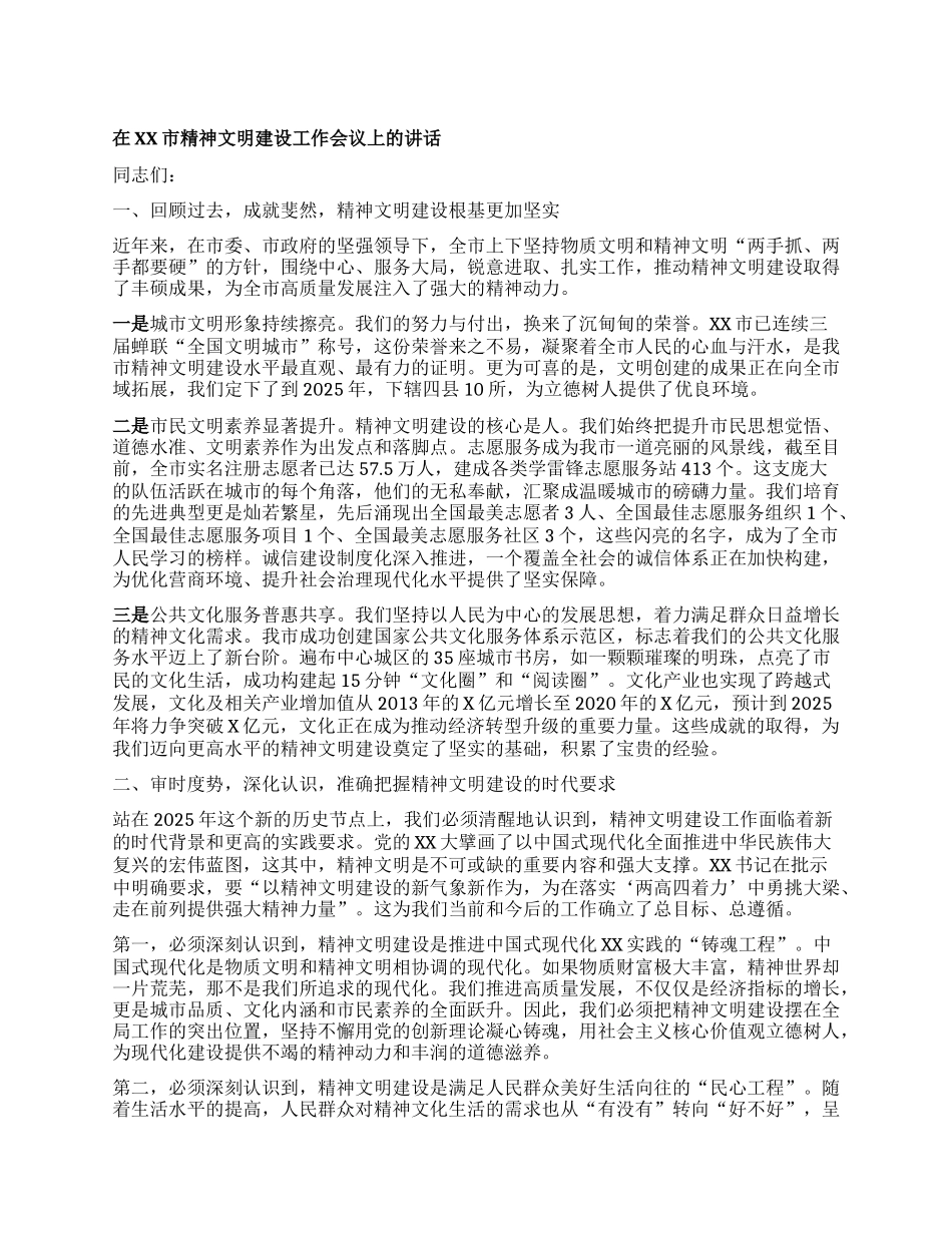 【团队精品】在XX市精神文明建设工作会议上的讲话.docx_第1页