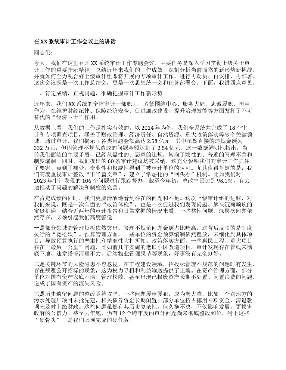 【团队精品】在XX系统审计工作会议上的讲话.docx_第1页