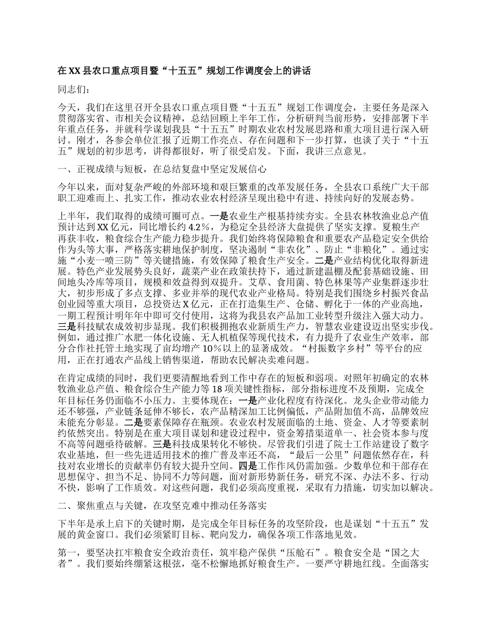 【团队精品】在XX县农口重点项目暨“十五五”规划工作调度会上的讲话.docx_第1页