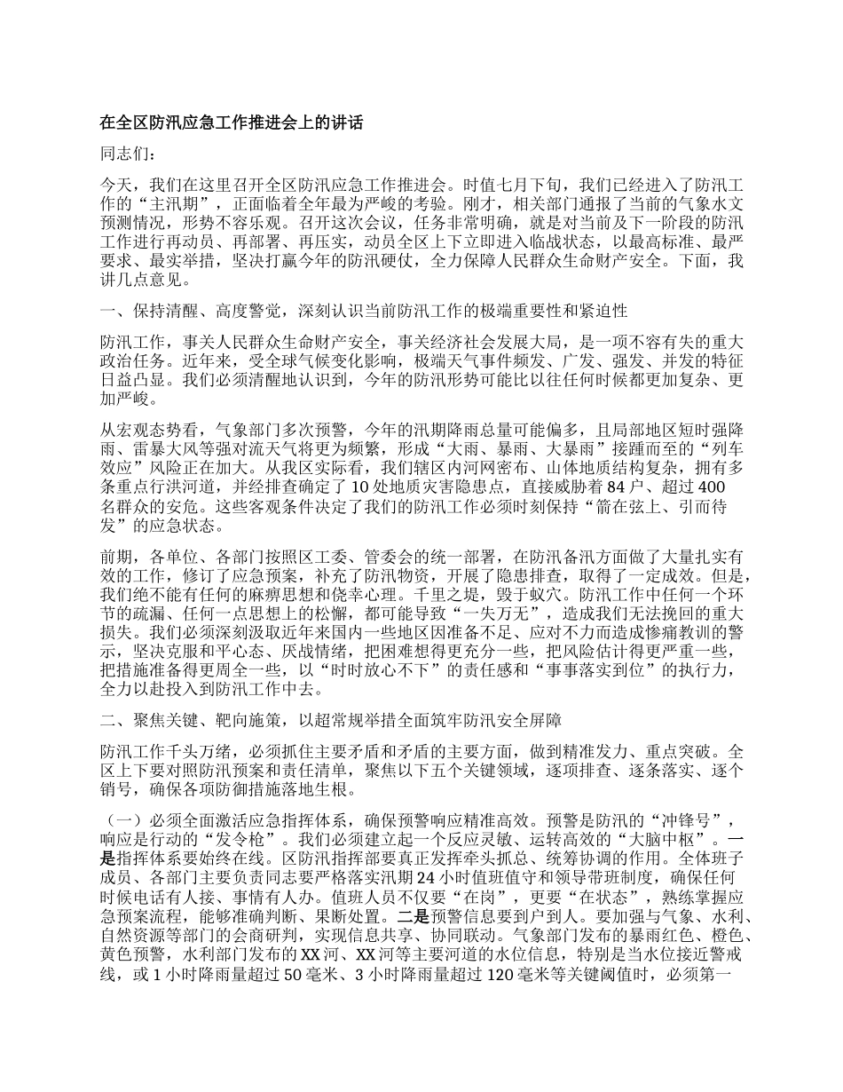 【团队精品】在全区防汛应急工作推进会上的讲话.docx_第1页