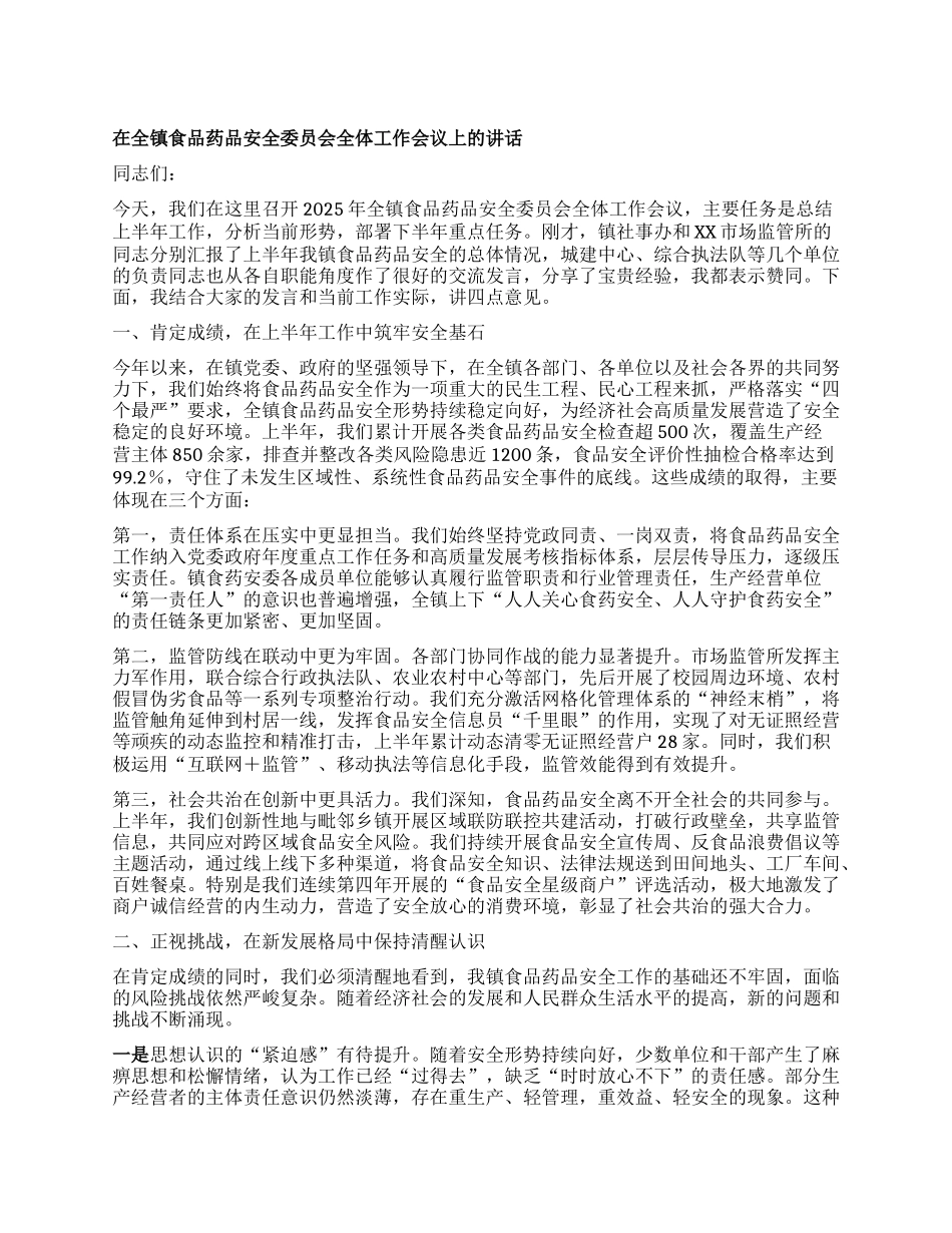 【团队精品】在全镇食品药品安全委员会全体工作会议上的讲话.docx_第1页