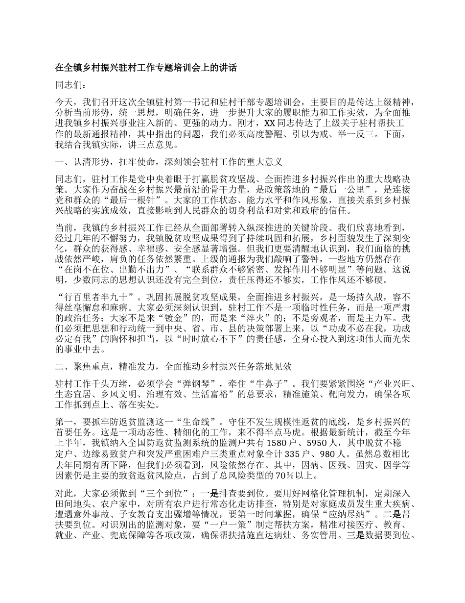 【团队精品】在全镇乡村振兴驻村工作专题培训会上的讲话.docx_第1页