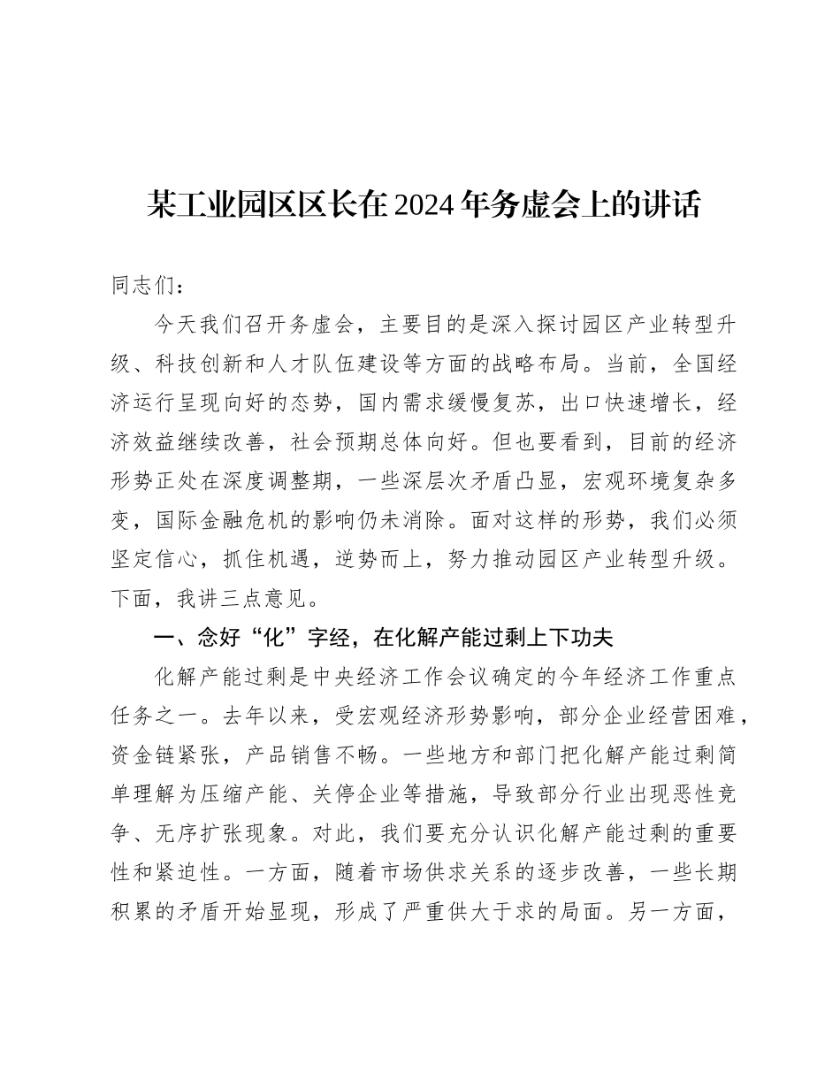 某工业园区区长在2024年务虚会上的讲话.docx_第1页