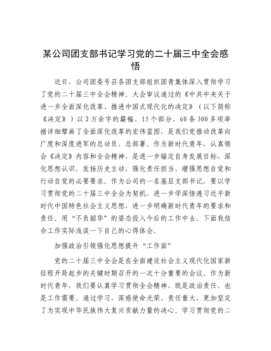 某公司团支部书记学习X的二十届三中全会感悟.docx_第1页