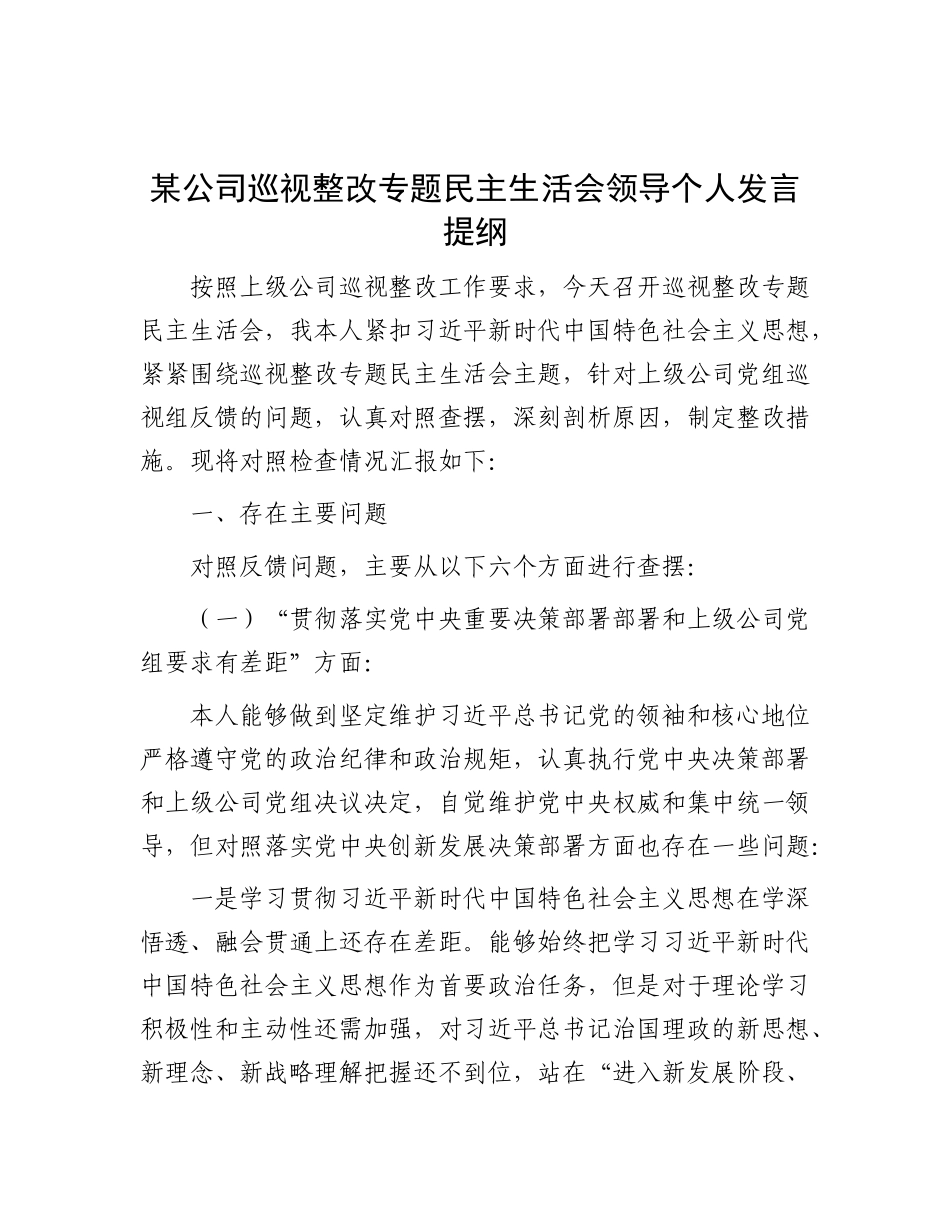 某公司巡视整改专题民主生活会领导个人发言提纲.docx_第1页