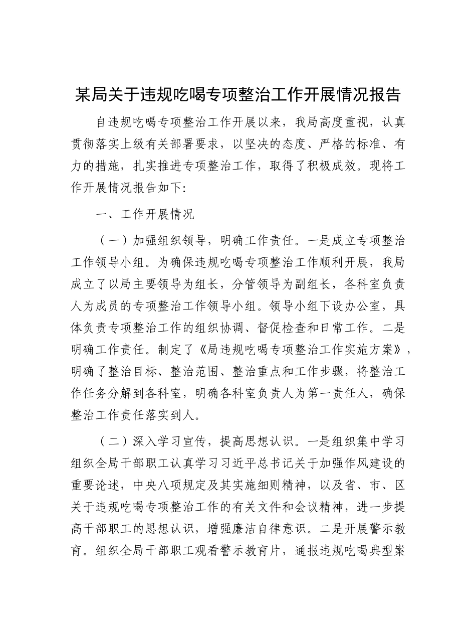 某局关于违规吃喝专项整治工作开展情况报告.docx_第1页
