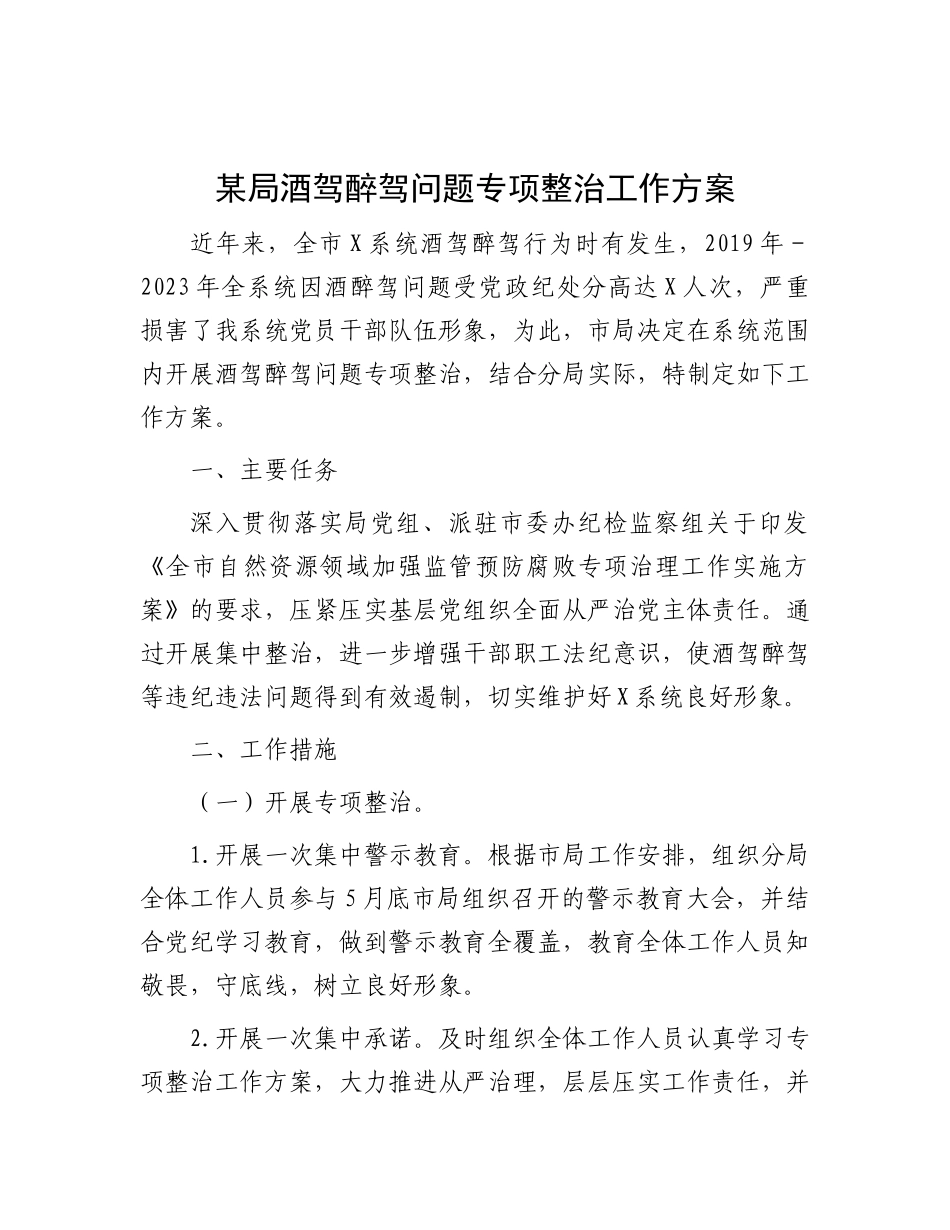 某局酒驾醉驾问题专项整治工作方案.docx_第1页