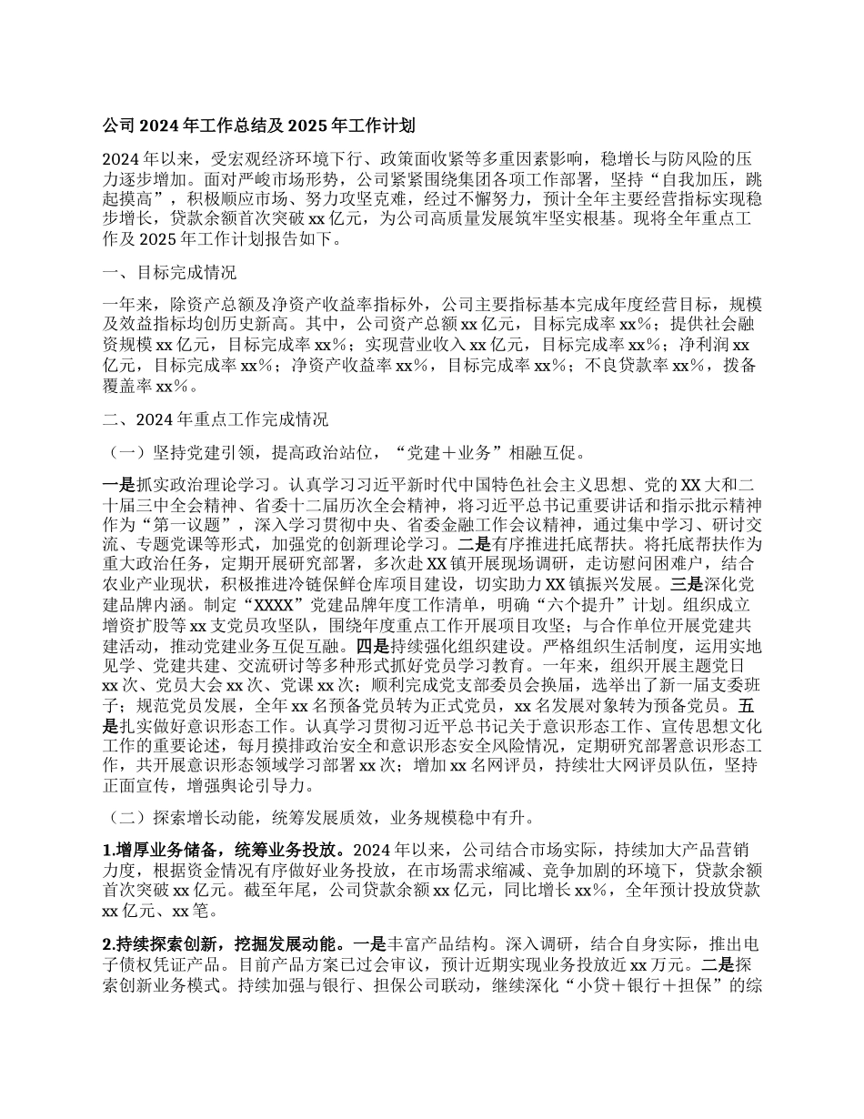 某某金融贷款公司2024年工作总结及2025年工作计划.docx_第1页