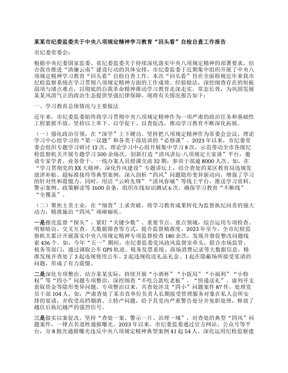 某某市纪委监委关于中央BXGD精神学习教育“回头看”自检自查工作报告.docx_第1页
