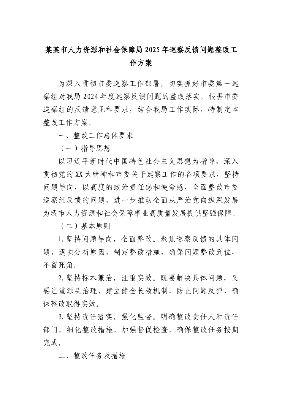 某某市人力资源和社会保障局2025年巡察反馈问题整改工作方案.docx_第1页