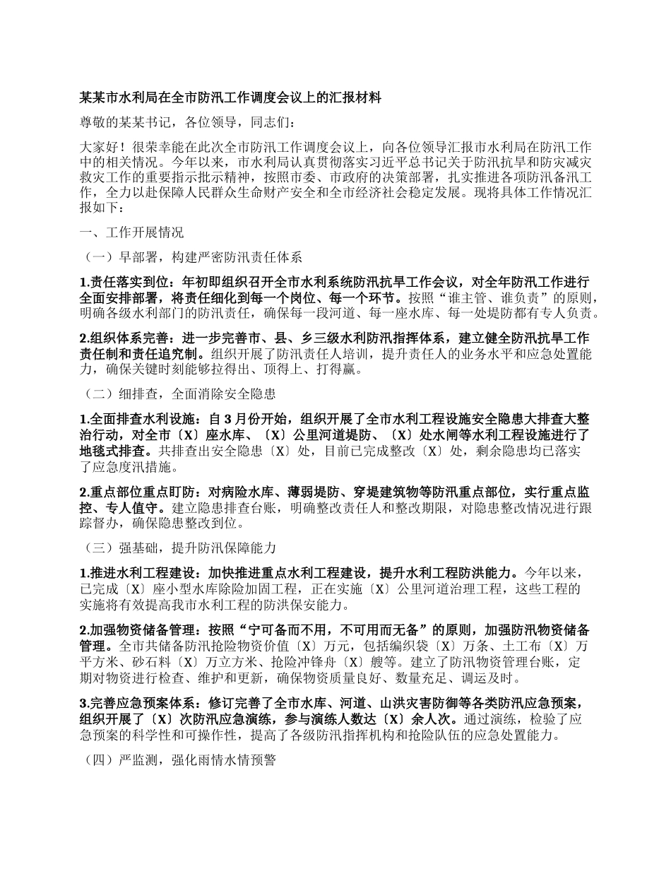 某某市水利局在全市防汛工作调度会议上的汇报材料.docx_第1页