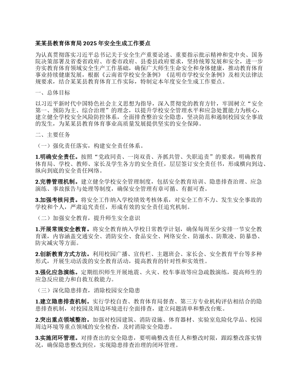 某某县教育体育局2025年安全生成工作要点.docx_第1页